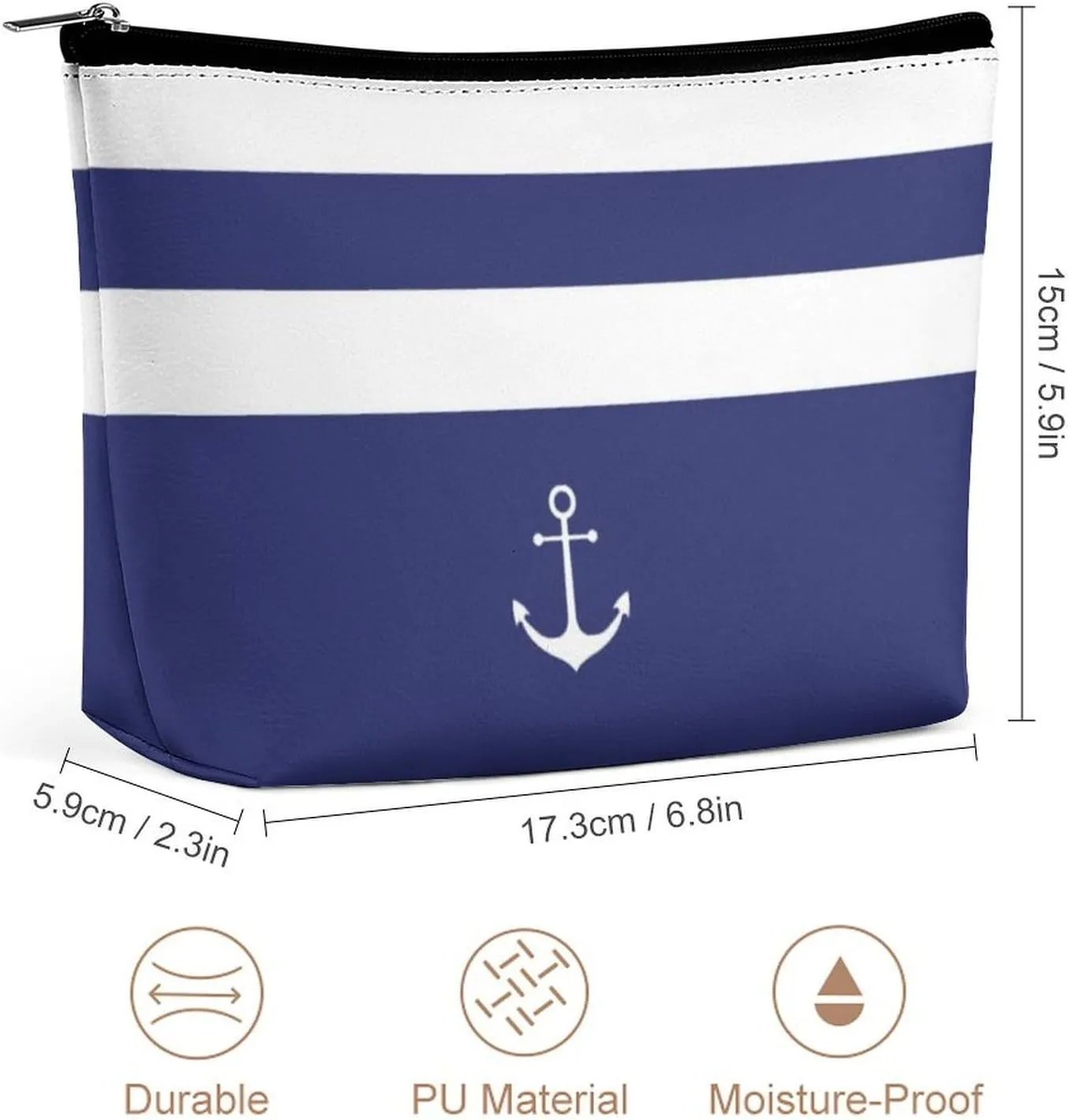 Makeup Bag for Women, Adorable Roomy Zipper Pouch Portable Organizer Cosmetic Bag Travel Storage Accessories (Nautical Stripes White Anchor Navy Blue)