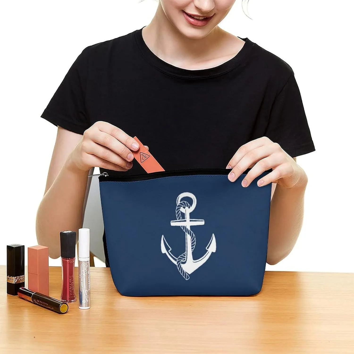 Makeup Bag for Women, Adorable Roomy Zipper Pouch Portable Organizer Cosmetic Bag Travel Storage Accessories (Navy Blue Nautical Anchor Pattern)
