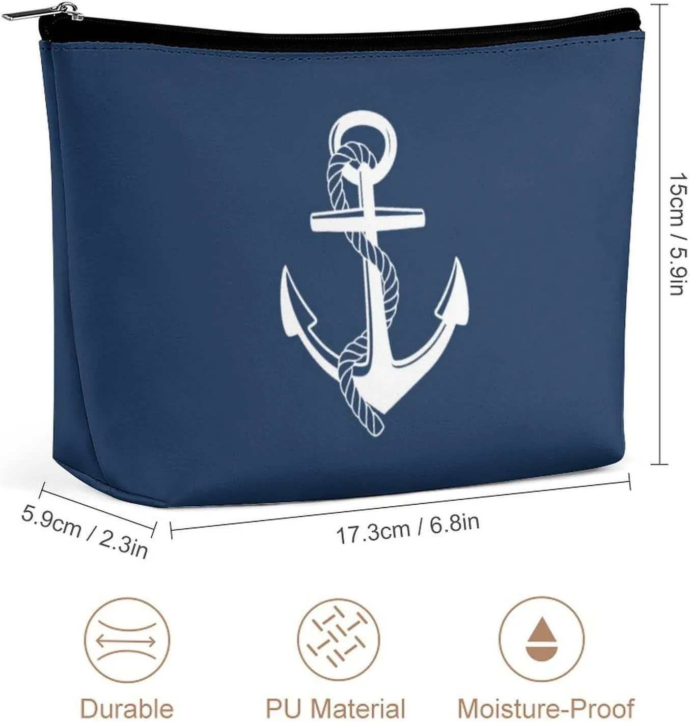 Makeup Bag for Women, Adorable Roomy Zipper Pouch Portable Organizer Cosmetic Bag Travel Storage Accessories (Navy Blue Nautical Anchor Pattern)