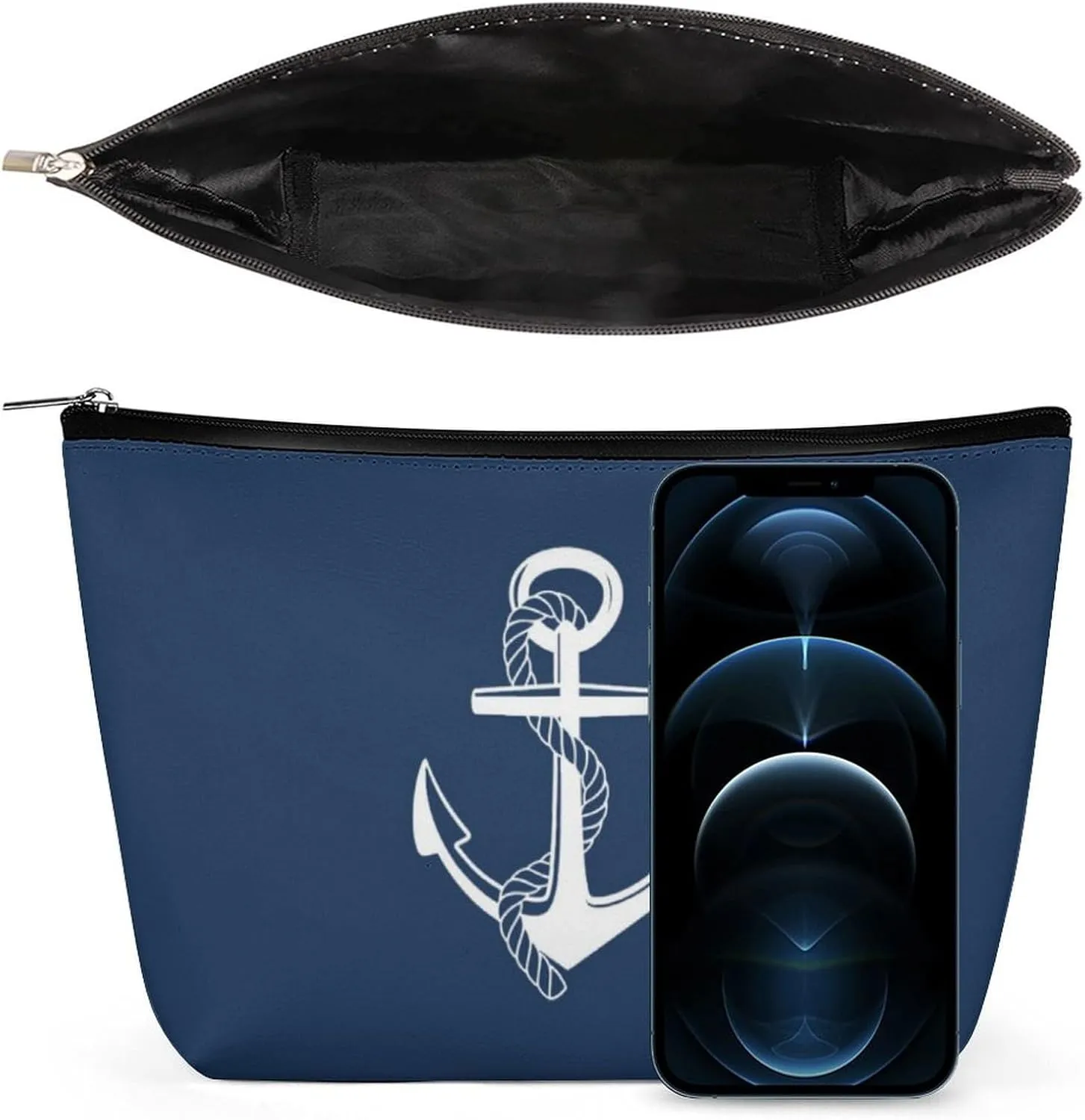Makeup Bag for Women, Adorable Roomy Zipper Pouch Portable Organizer Cosmetic Bag Travel Storage Accessories (Navy Blue Nautical Anchor Pattern)