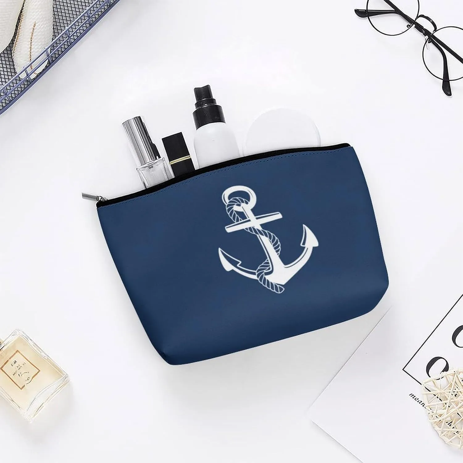 Makeup Bag for Women, Adorable Roomy Zipper Pouch Portable Organizer Cosmetic Bag Travel Storage Accessories (Navy Blue Nautical Anchor Pattern)