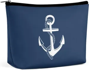Makeup Bag for Women, Adorable Roomy Zipper Pouch Portable Organizer Cosmetic Bag Travel Storage Accessories (Navy Blue Nautical Anchor Pattern)