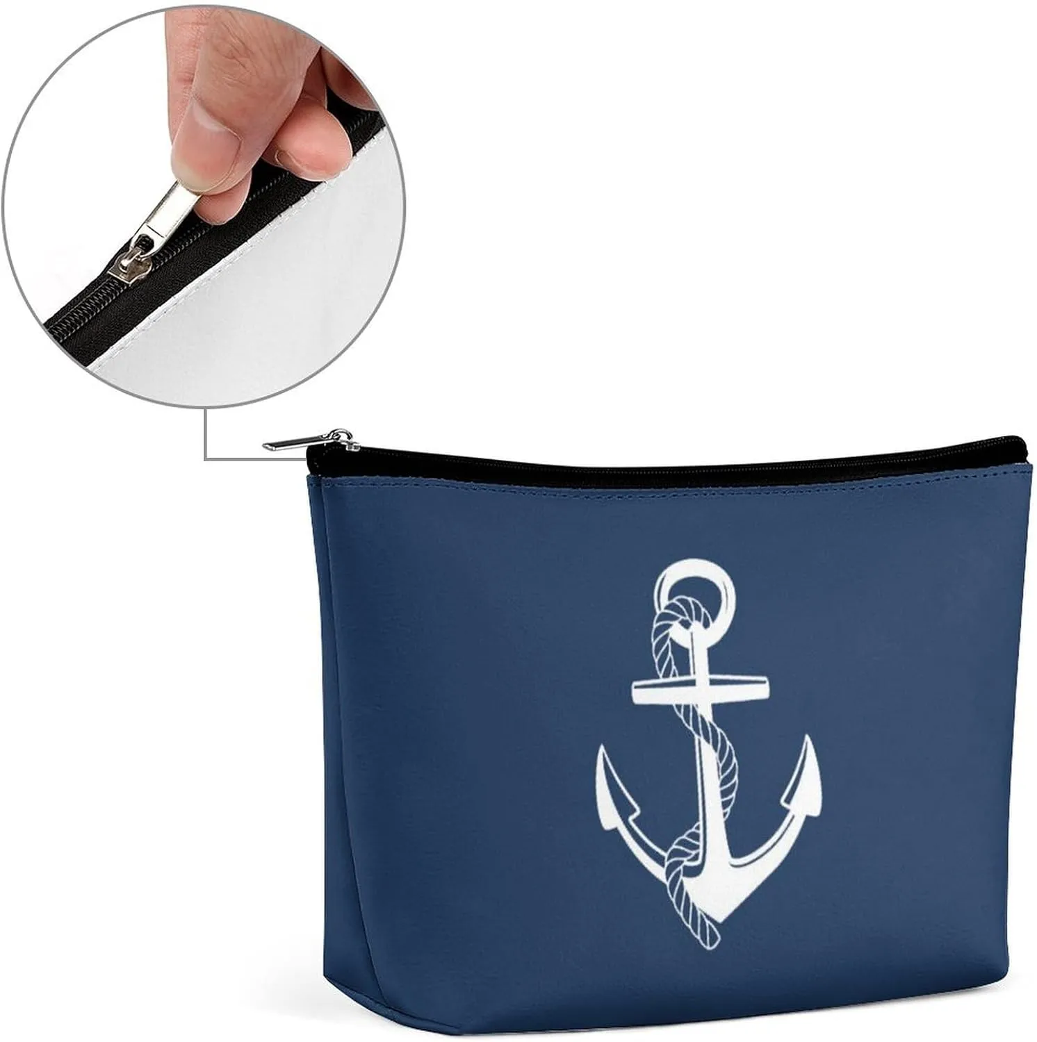 Makeup Bag for Women, Adorable Roomy Zipper Pouch Portable Organizer Cosmetic Bag Travel Storage Accessories (Navy Blue Nautical Anchor Pattern)
