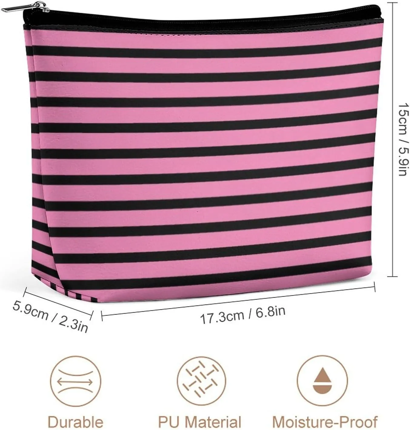 Makeup Bag for Women, Adorable Roomy Zipper Pouch Portable Organizer Cosmetic Bag Travel Storage Accessories (Pink Black Stripes Lines Patterns Girly)