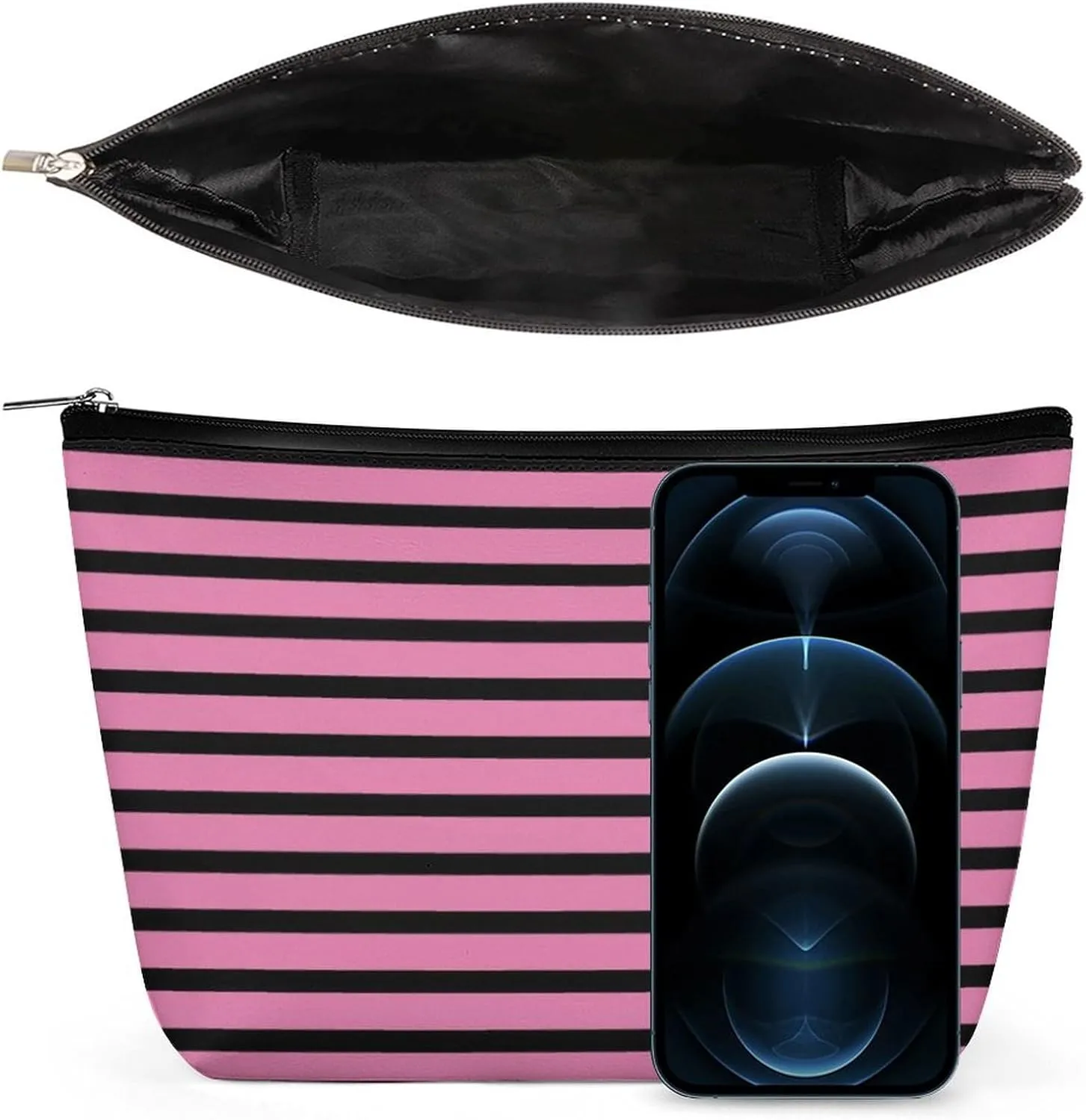 Makeup Bag for Women, Adorable Roomy Zipper Pouch Portable Organizer Cosmetic Bag Travel Storage Accessories (Pink Black Stripes Lines Patterns Girly)