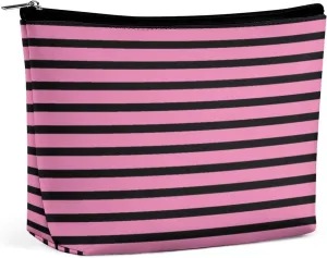 Makeup Bag for Women, Adorable Roomy Zipper Pouch Portable Organizer Cosmetic Bag Travel Storage Accessories (Pink Black Stripes Lines Patterns Girly)