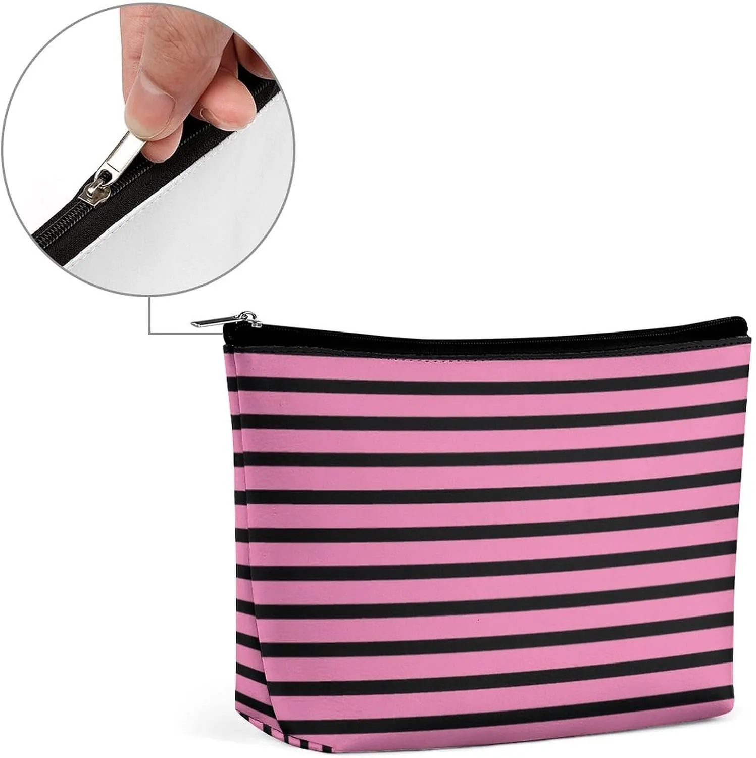 Makeup Bag for Women, Adorable Roomy Zipper Pouch Portable Organizer Cosmetic Bag Travel Storage Accessories (Pink Black Stripes Lines Patterns Girly)