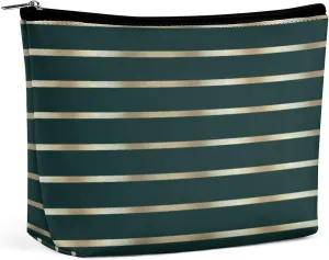Makeup Bag for Women, Green and Gold Stripes Cosmetic Case Adorable Roomy Zipper Pouch Portable Travel Organizer Accessories