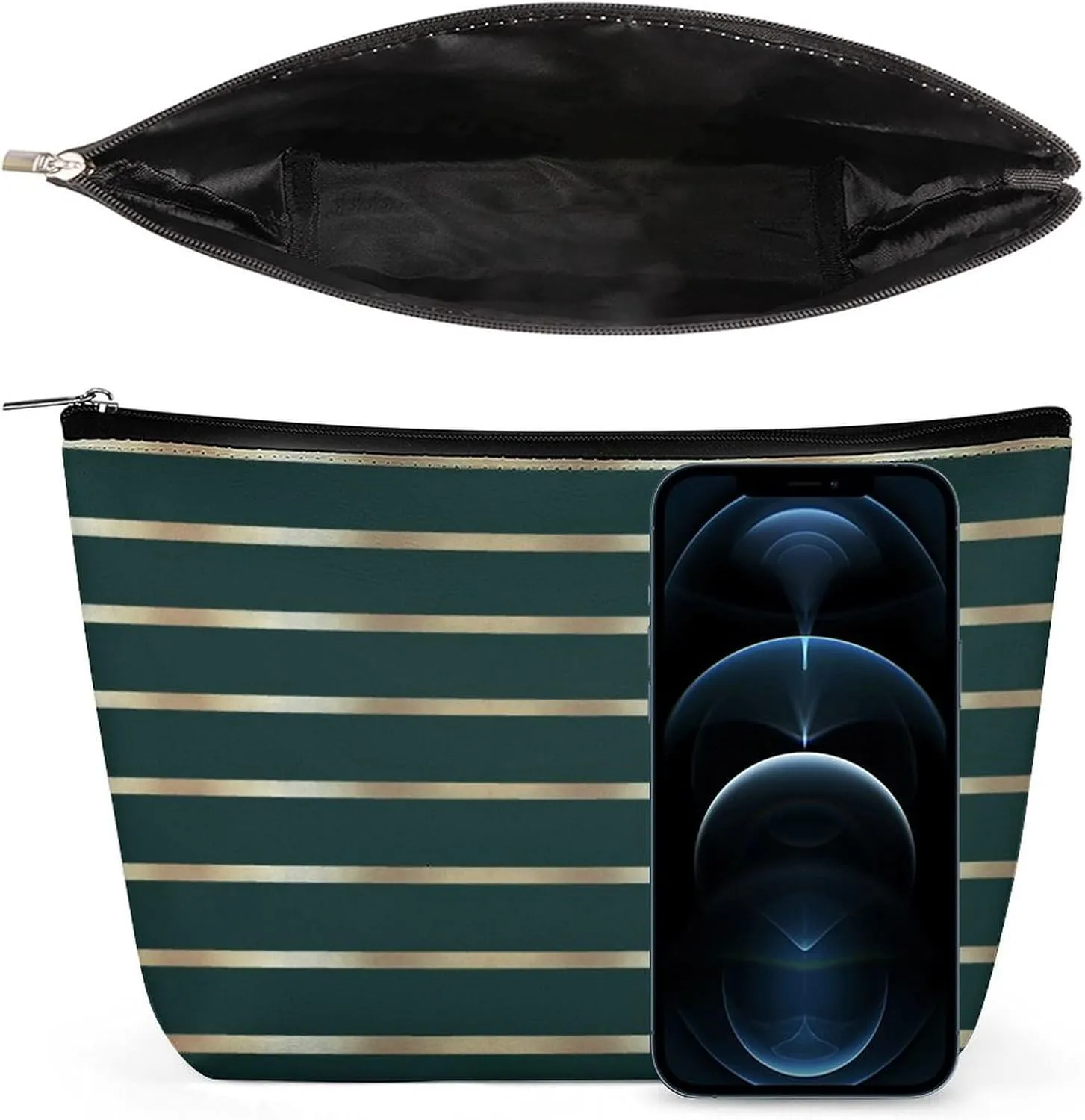 Makeup Bag for Women, Green and Gold Stripes Cosmetic Case Adorable Roomy Zipper Pouch Portable Travel Organizer Accessories