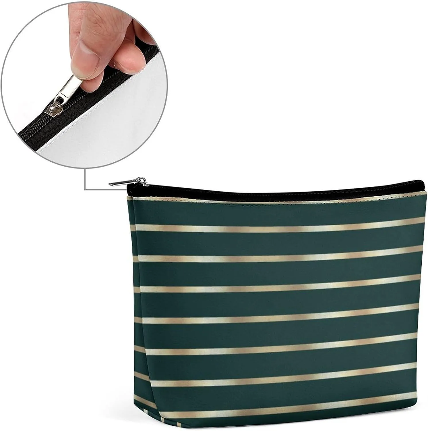 Makeup Bag for Women, Green and Gold Stripes Cosmetic Case Adorable Roomy Zipper Pouch Portable Travel Organizer Accessories