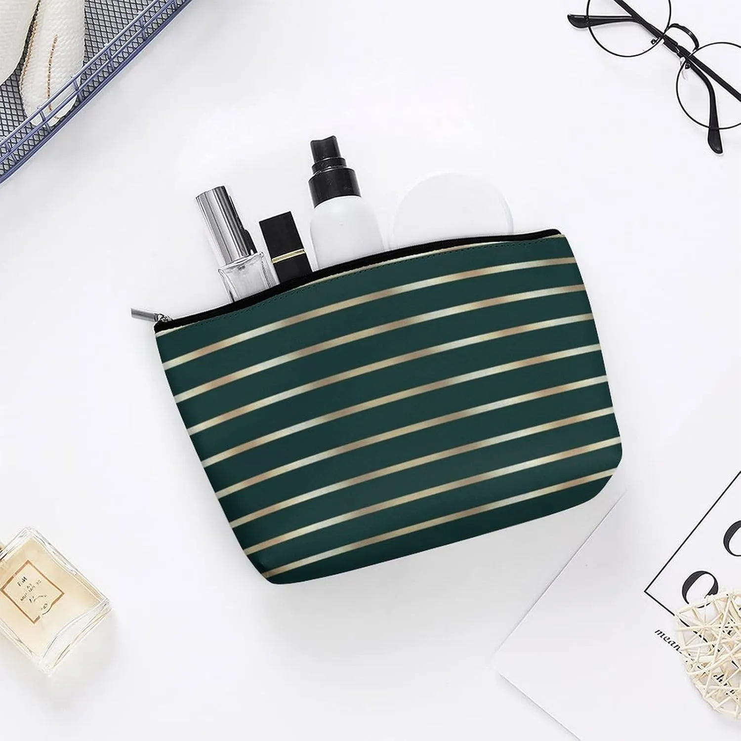 Makeup Bag for Women, Green and Gold Stripes Cosmetic Case Adorable Roomy Zipper Pouch Portable Travel Organizer Accessories