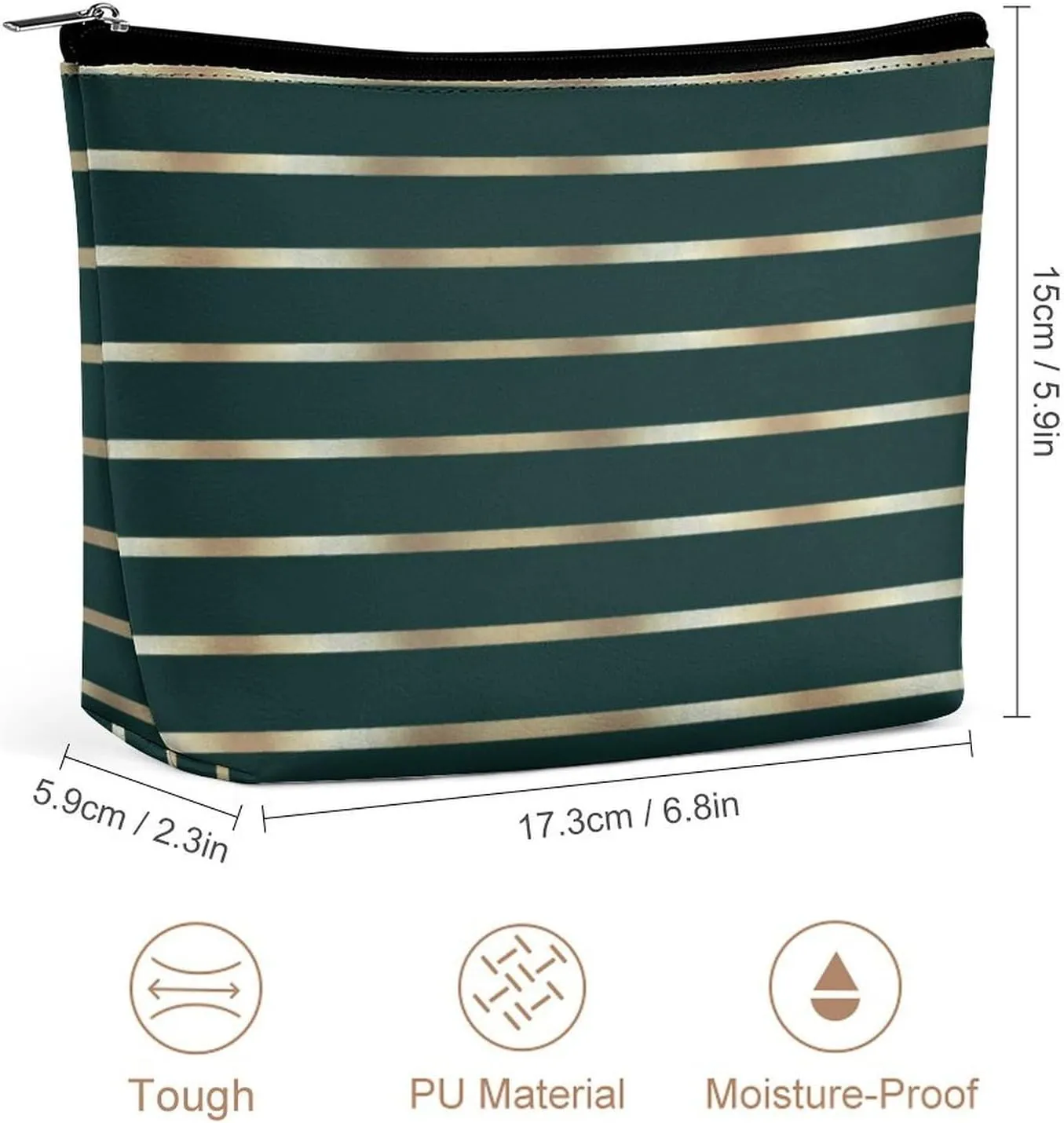 Makeup Bag for Women, Green and Gold Stripes Cosmetic Case Adorable Roomy Zipper Pouch Portable Travel Organizer Accessories