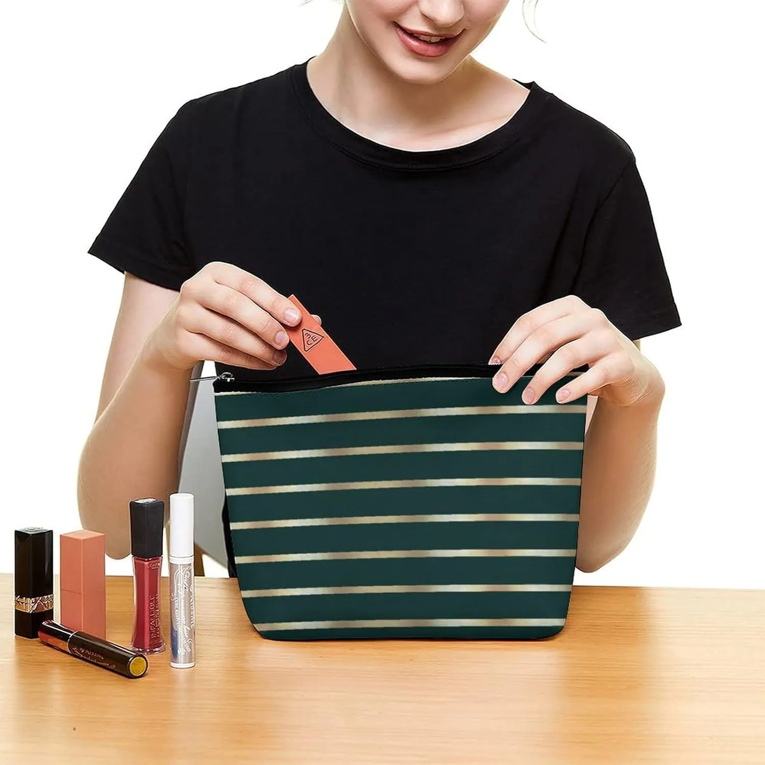 Makeup Bag for Women, Green and Gold Stripes Cosmetic Case Adorable Roomy Zipper Pouch Portable Travel Organizer Accessories