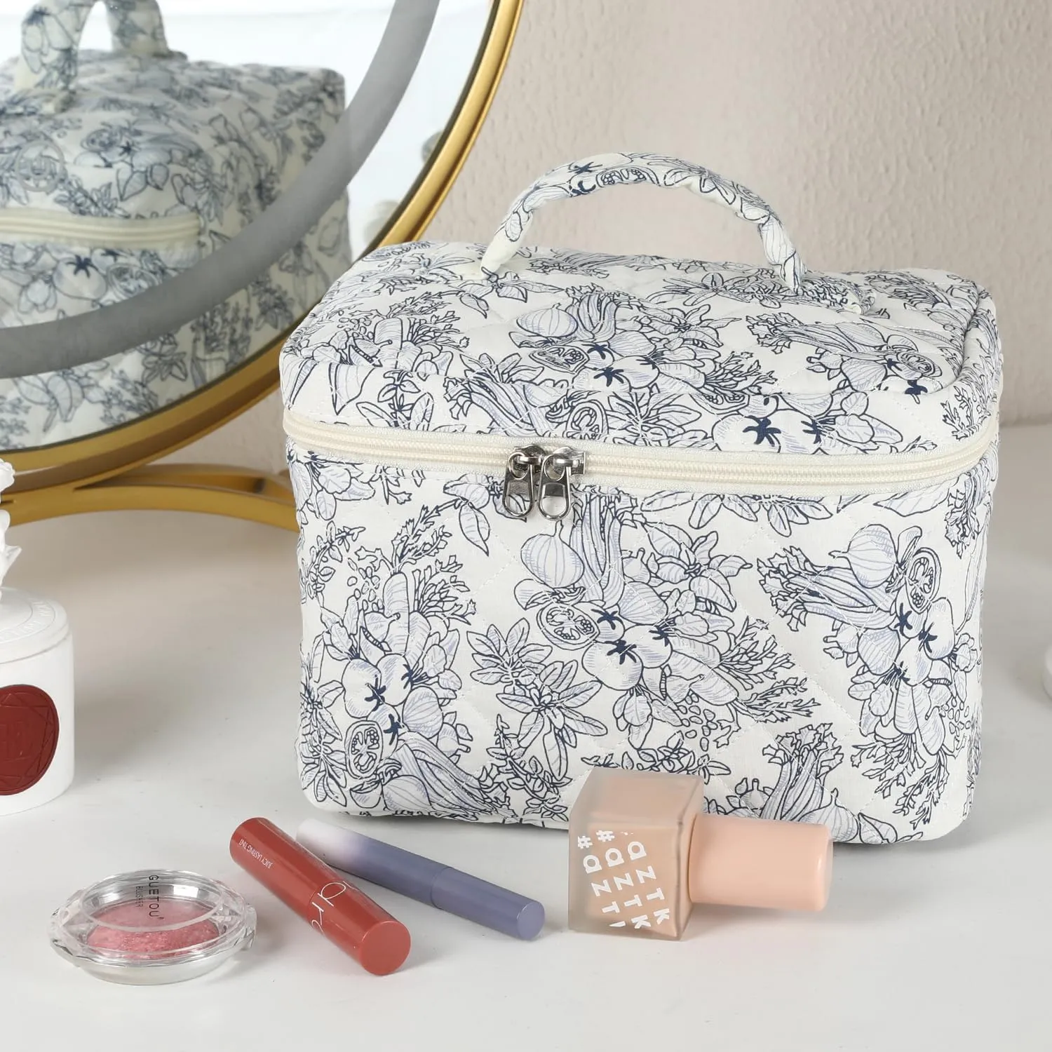 Makeup Bag for Women, Wide-open Easy to Take, Convenient to Carry, Toiletry Cosmetic Skincare, Quilted Travel Pouch Case, Purse Organizer Large