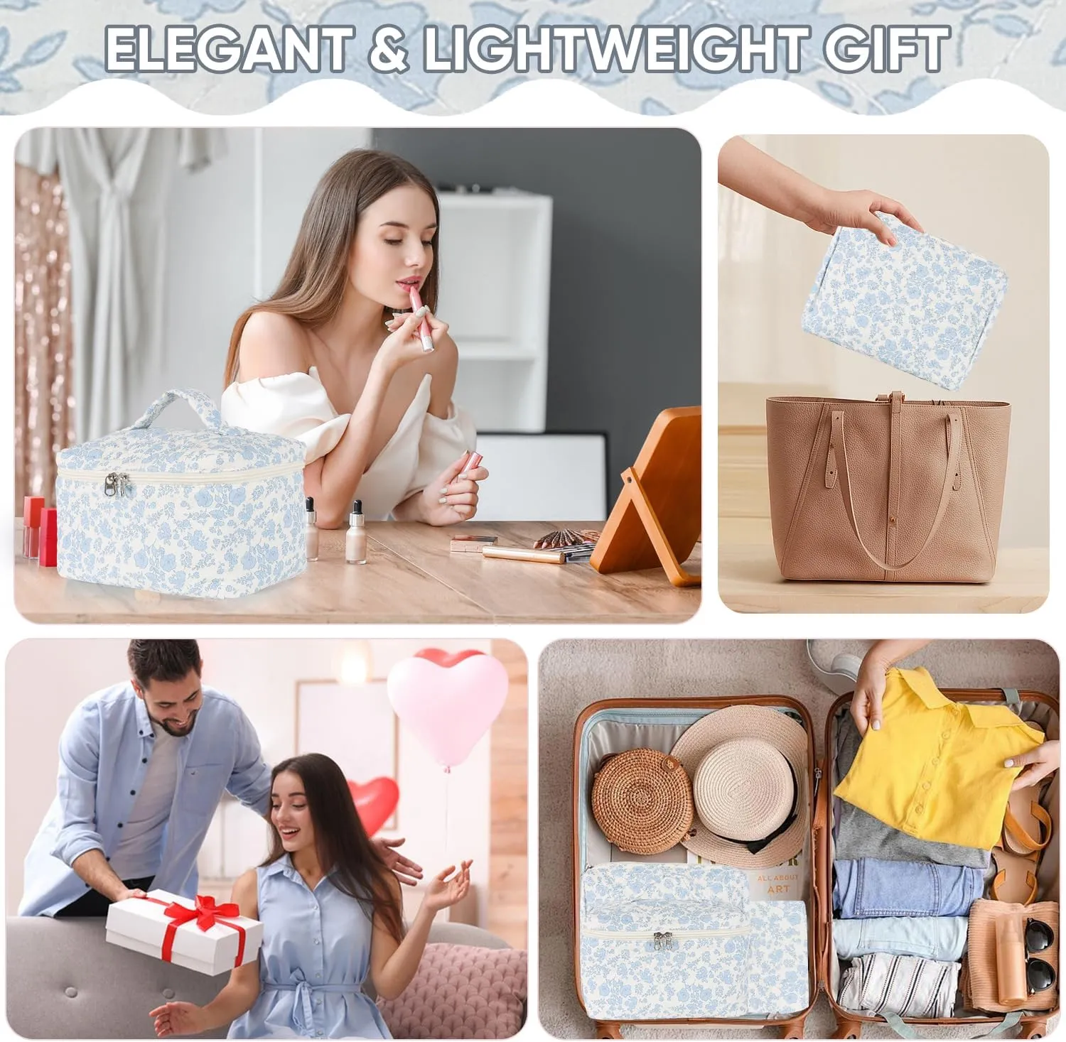 Makeup Bag for Women, Wide-open Easy to Take, Convenient to Carry, Toiletry Cosmetic Skincare, Quilted Travel Pouch Case, Purse Organizer Large