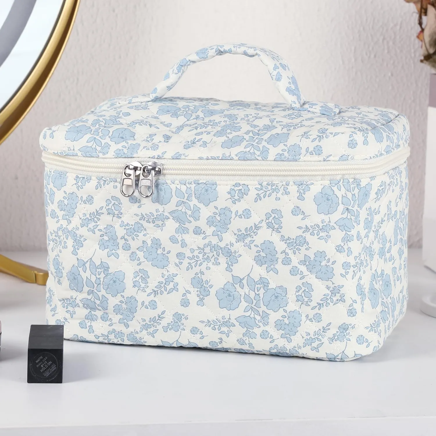 Makeup Bag for Women, Wide-open Easy to Take, Convenient to Carry, Toiletry Cosmetic Skincare, Quilted Travel Pouch Case, Purse Organizer Large