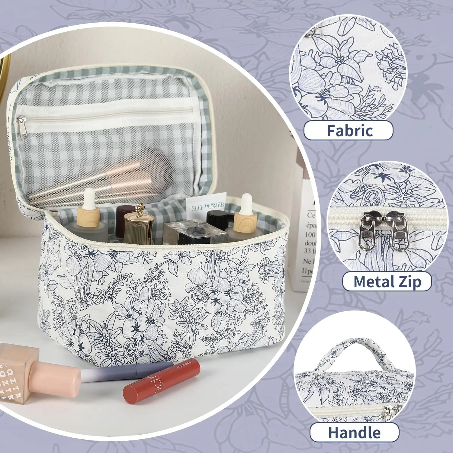 Makeup Bag for Women, Wide-open Easy to Take, Convenient to Carry, Toiletry Cosmetic Skincare, Quilted Travel Pouch Case, Purse Organizer Large