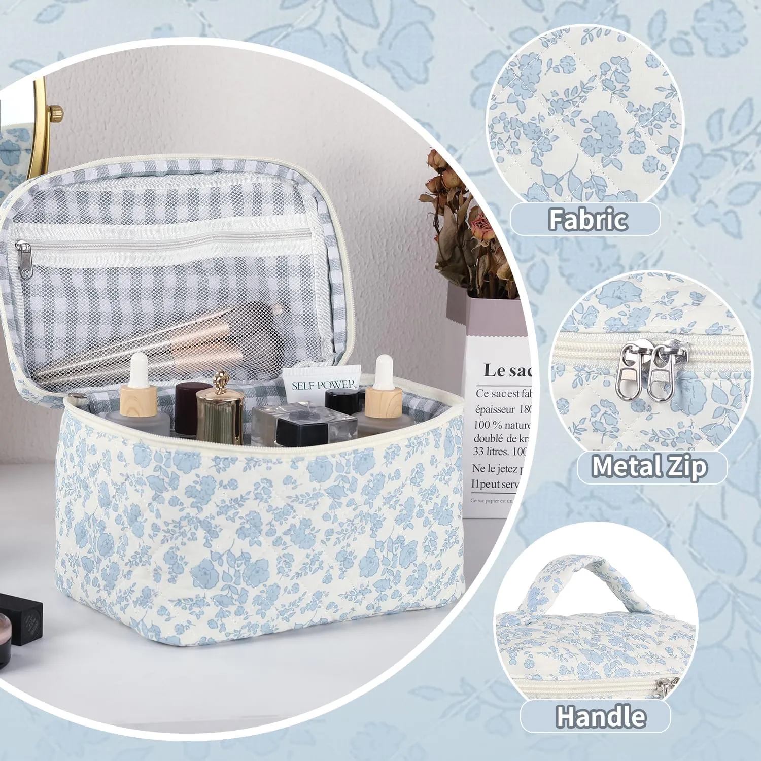 Makeup Bag for Women, Wide-open Easy to Take, Convenient to Carry, Toiletry Cosmetic Skincare, Quilted Travel Pouch Case, Purse Organizer Large