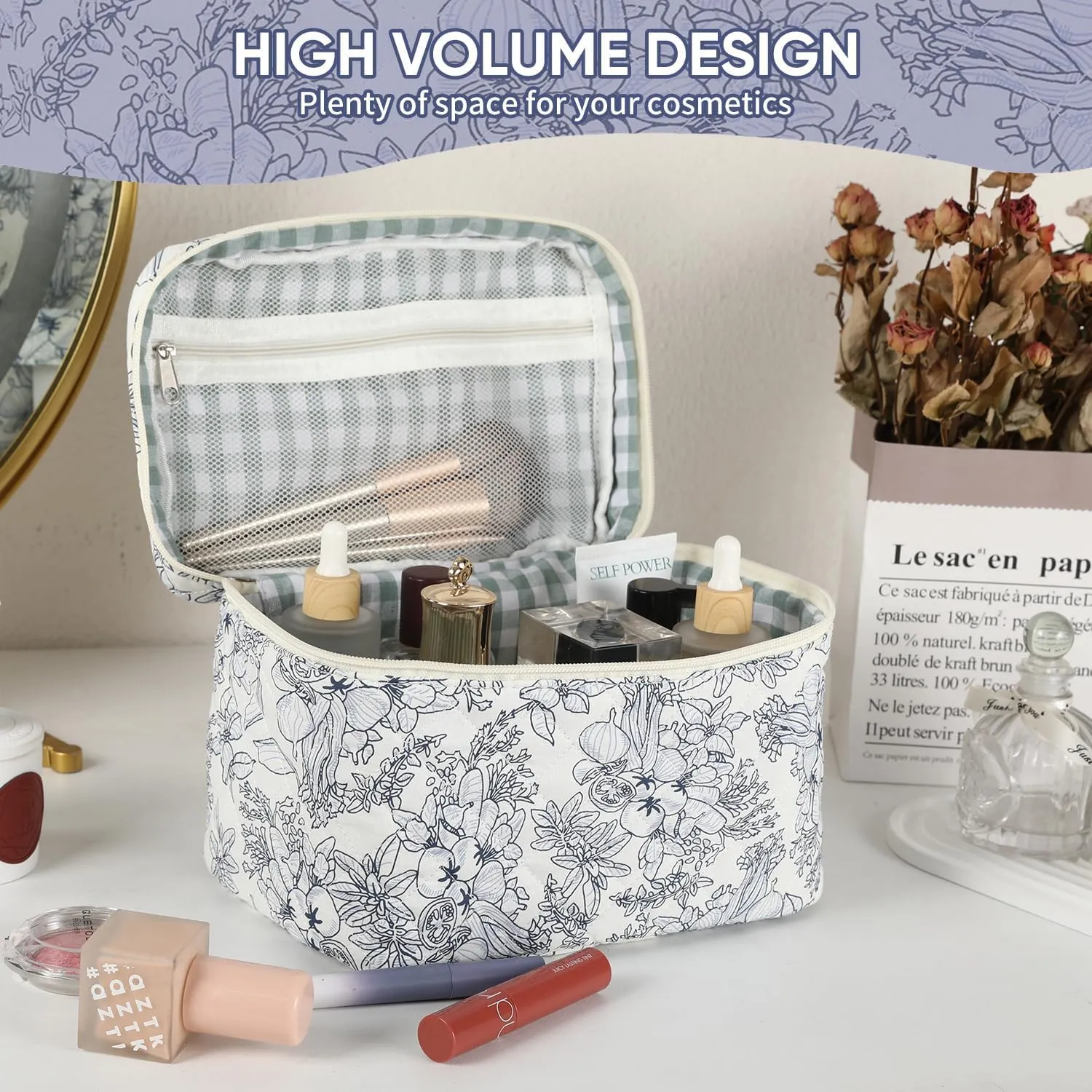 Makeup Bag for Women, Wide-open Easy to Take, Convenient to Carry, Toiletry Cosmetic Skincare, Quilted Travel Pouch Case, Purse Organizer Large