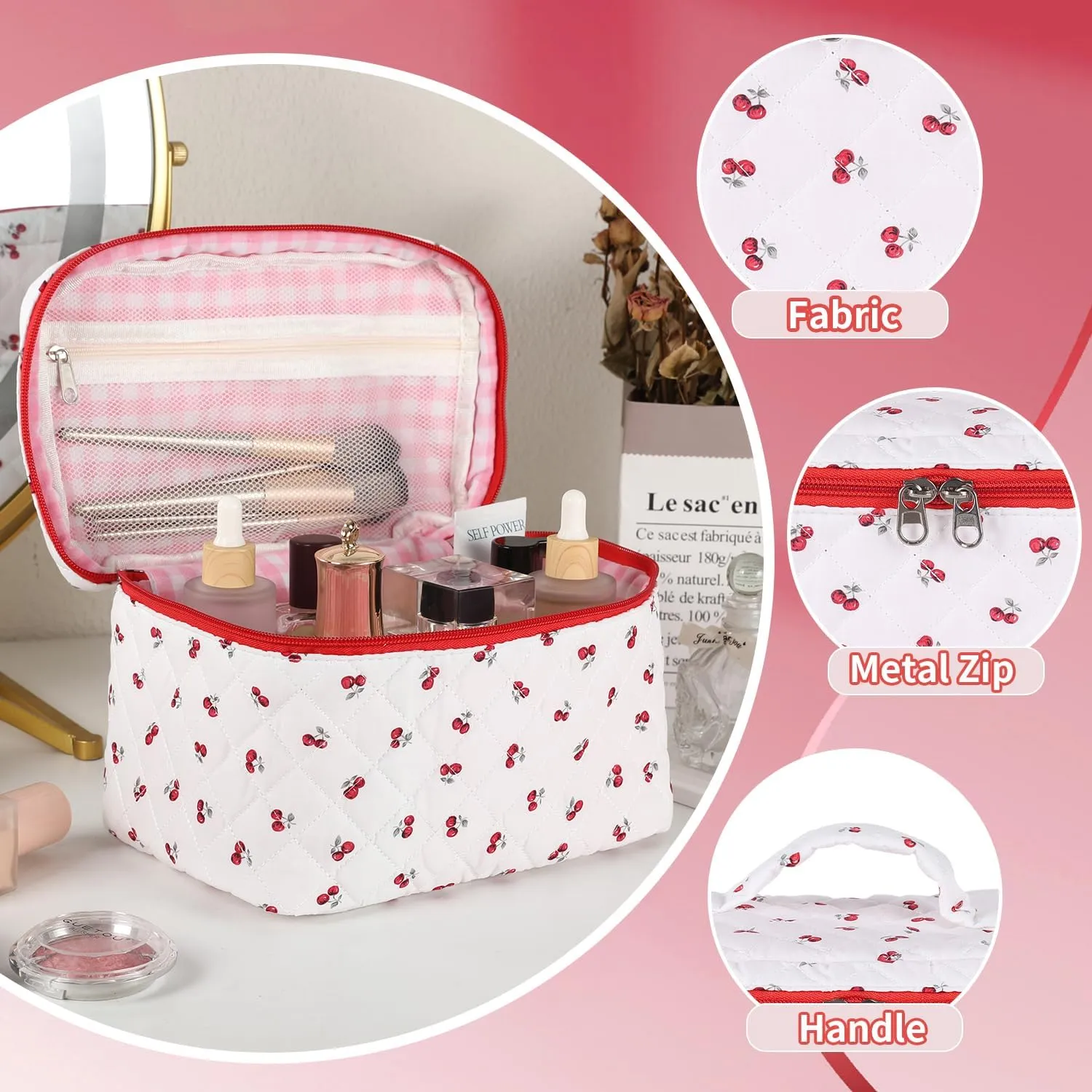 Makeup Bag for Women, Wide-open Easy to Take, Convenient to Carry, Toiletry Cosmetic Skincare, Quilted Travel Pouch Case, Purse Organizer Large