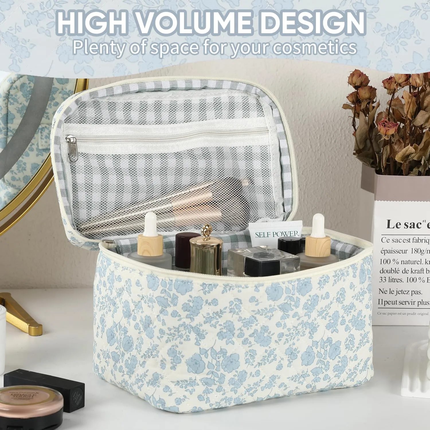 Makeup Bag for Women, Wide-open Easy to Take, Convenient to Carry, Toiletry Cosmetic Skincare, Quilted Travel Pouch Case, Purse Organizer Large
