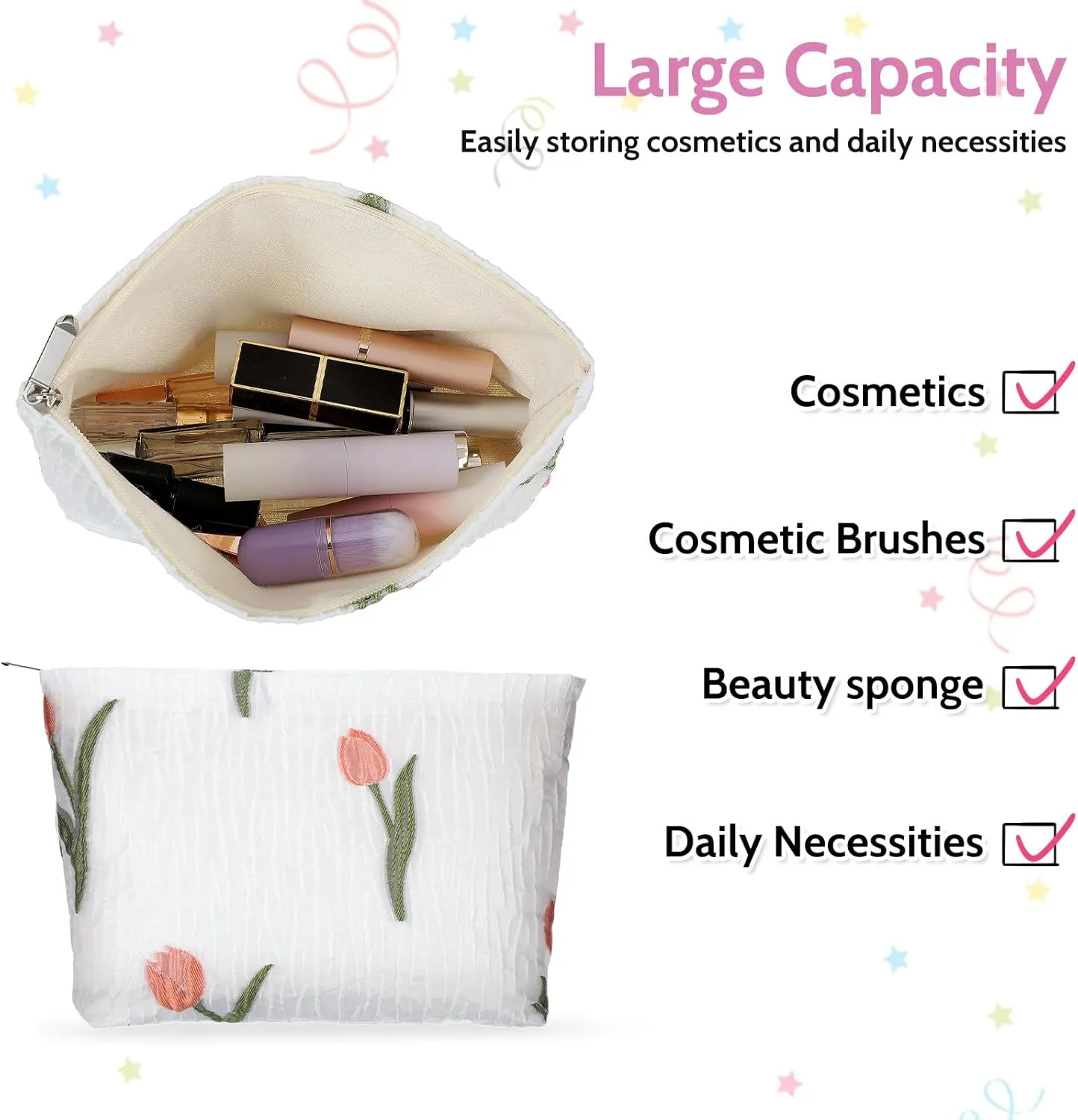 Makeup Bag Large Capacity Elegant Bow Preppy Cosmetic Bag Aesthetic Design Canvas Zipper Organizer Pouch Cute Roomy Pink Portable Toiletry Bag for Women Girls Travel Storage Accessories (White-Green)