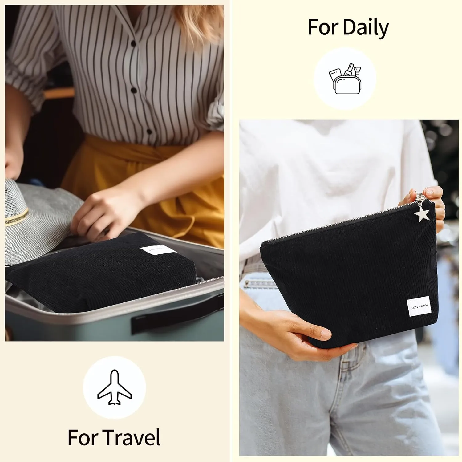 Makeup Bag Zipper Pouch Travel Cosmetic Organizer for Women, Elegant Roomy Cosmetic Bag for Women, Women Makeup Organizer and Travel Toiletry Bag for Women Gift (Corduroy Black)
