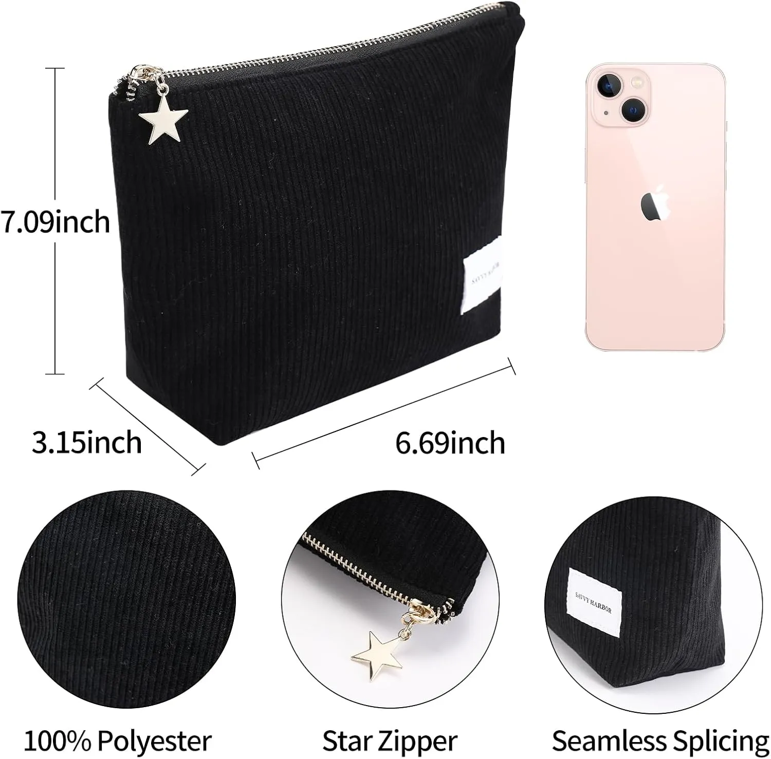 Makeup Bag Zipper Pouch Travel Cosmetic Organizer for Women, Elegant Roomy Cosmetic Bag for Women, Women Makeup Organizer and Travel Toiletry Bag for Women Gift (Corduroy Black)