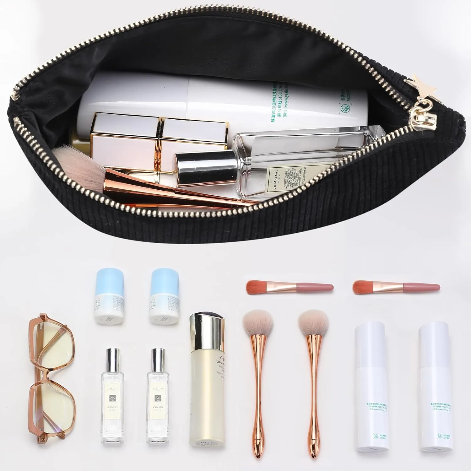 Makeup Bag Zipper Pouch Travel Cosmetic Organizer for Women, Elegant Roomy Cosmetic Bag for Women, Women Makeup Organizer and Travel Toiletry Bag for Women Gift (Corduroy Black)