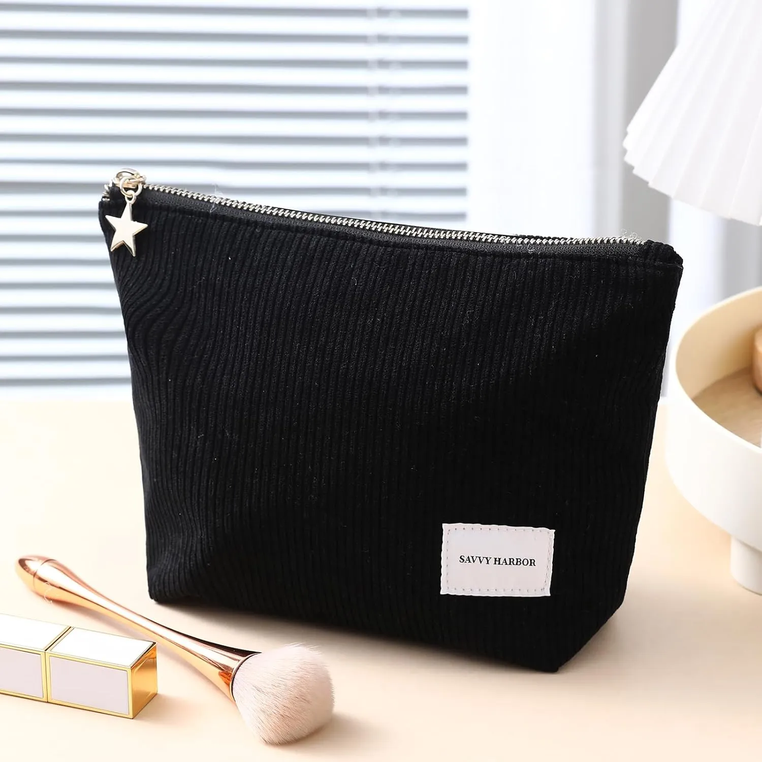 Makeup Bag Zipper Pouch Travel Cosmetic Organizer for Women, Elegant Roomy Cosmetic Bag for Women, Women Makeup Organizer and Travel Toiletry Bag for Women Gift (Corduroy Black)