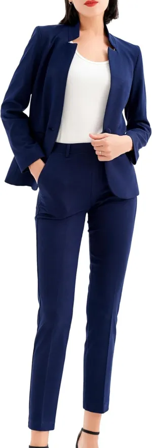 Marycrafts Women's Professional Stand Up Collar Blazer Pant Suits 2 Piece Set Business