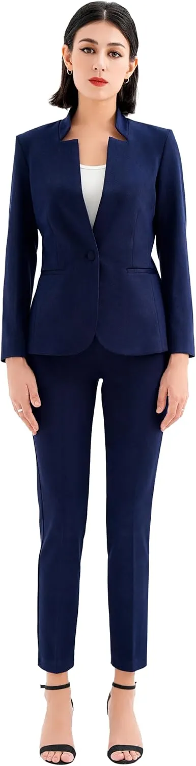 Marycrafts Women's Professional Stand Up Collar Blazer Pant Suits 2 Piece Set Business