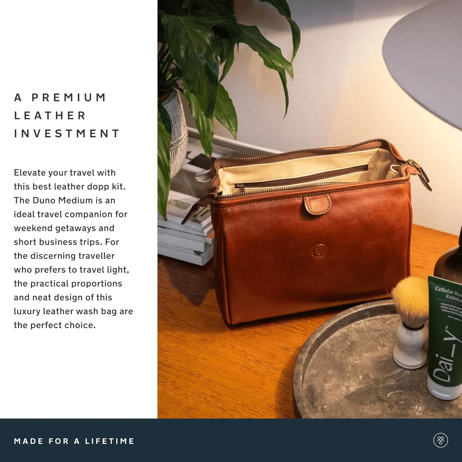 Maxwell Scott - Luxury Italian Cow Leather Medium Toiletry Wash Bag for Men - Handmade in Italy - The Duno Medium Dark Brown