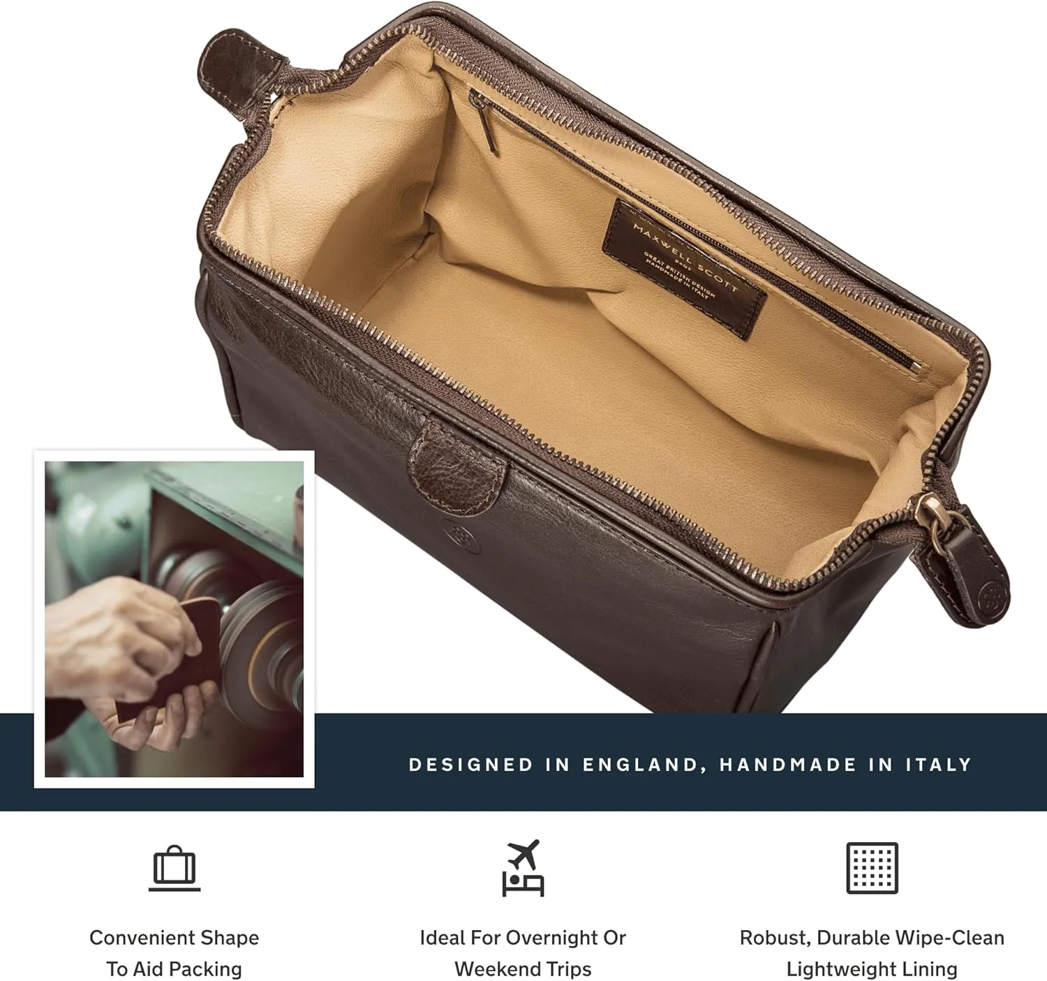 Maxwell Scott - Luxury Italian Cow Leather Medium Toiletry Wash Bag for Men - Handmade in Italy - The Duno Medium Dark Brown