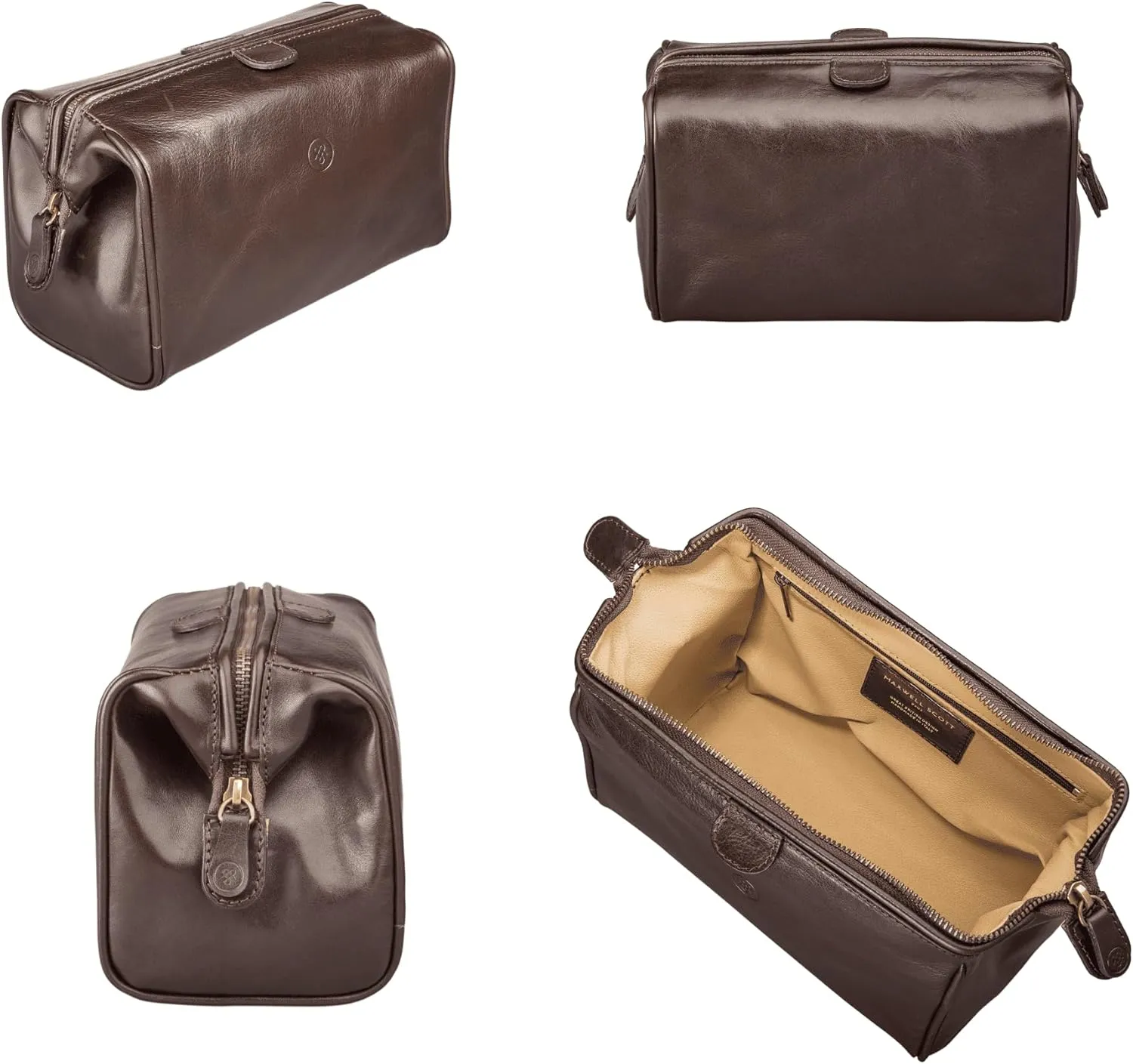 Maxwell Scott - Luxury Italian Cow Leather Medium Toiletry Wash Bag for Men - Handmade in Italy - The Duno Medium Dark Brown