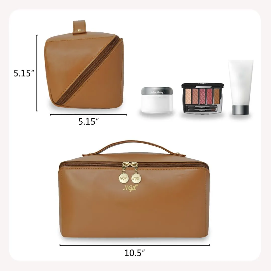 NGIL Travel Toiletry Bag, Makeup Bag, Cosmetic Bag, Portable Travel Makeup Bag, Large Capacity Cosmetic Organizer for Women, FREE COMPACT MIRROR INCLUDED (Brown, Large)