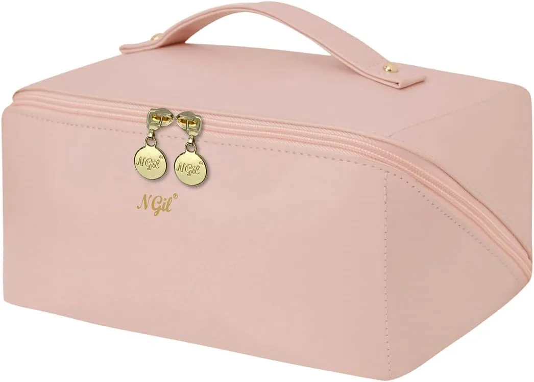 NGIL Travel Toiletry Bag, Makeup Bag, Cosmetic Bag, Portable Travel Makeup Bag, Large Capacity Cosmetic Organizer for Women, FREE COMPACT MIRROR INCLUDED (Pink, Large)