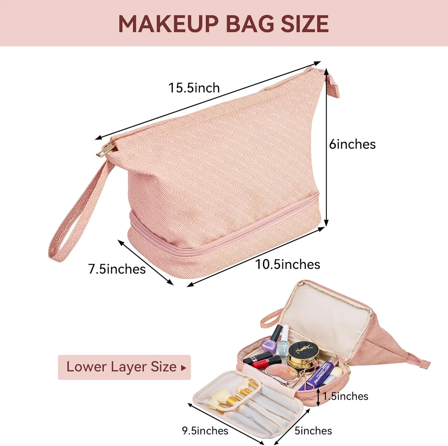 Oubonun Makeup Bags Double Layer Large Capacity Cosmetic Bag for Women Portable PU Leather Toiletry Roomy Make up Bags for Girls Large Travel Organizer Bag with Brush Compartment Pink