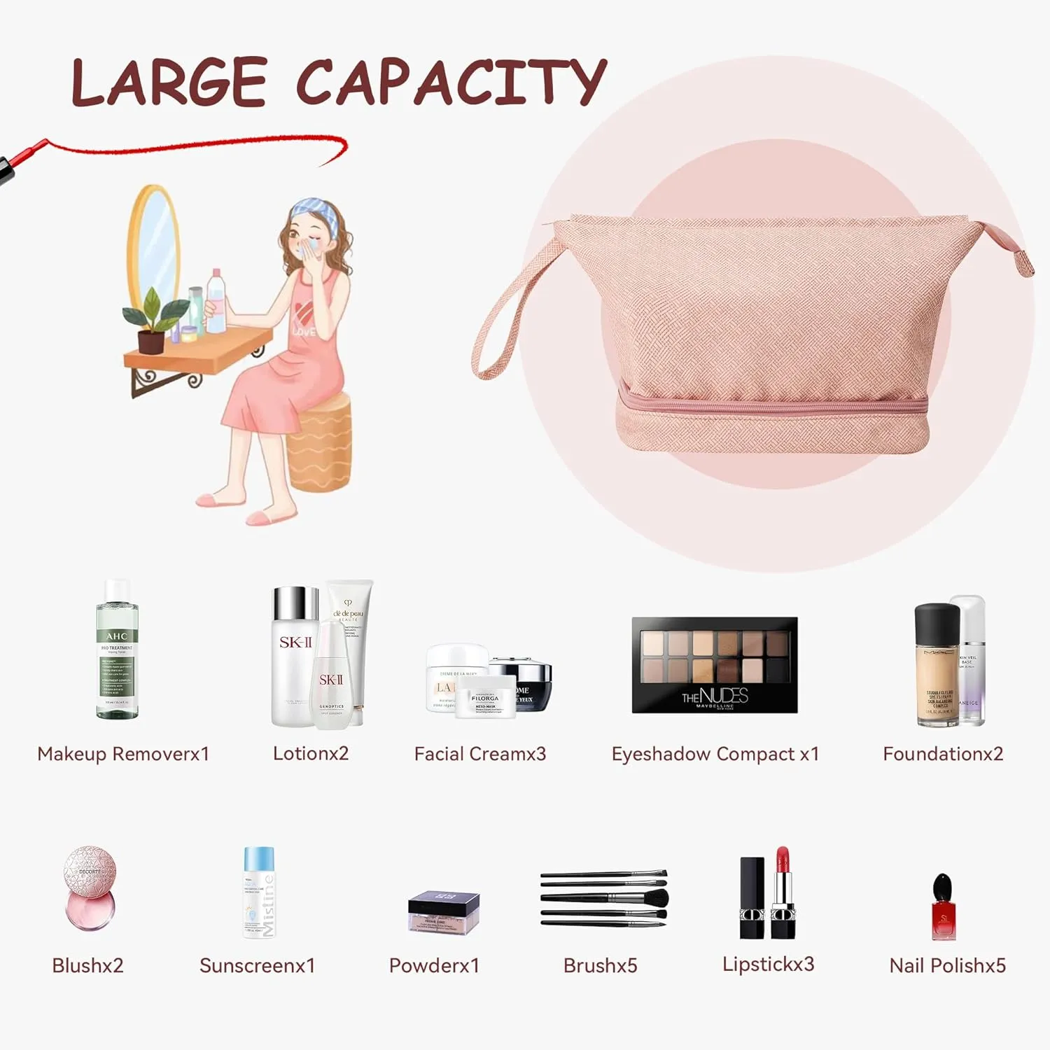 Oubonun Makeup Bags Double Layer Large Capacity Cosmetic Bag for Women Portable PU Leather Toiletry Roomy Make up Bags for Girls Large Travel Organizer Bag with Brush Compartment Pink