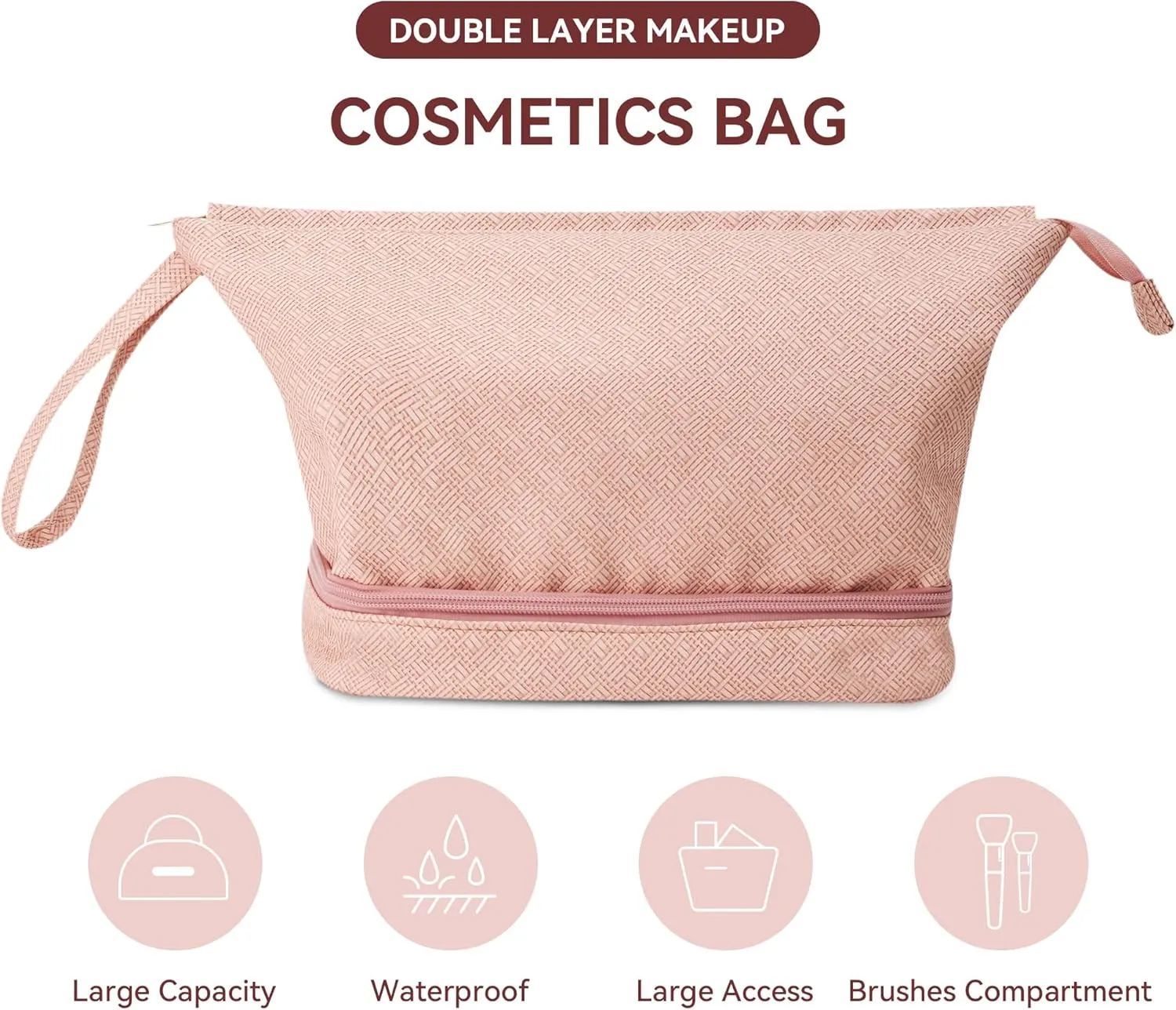 Oubonun Makeup Bags Double Layer Large Capacity Cosmetic Bag for Women Portable PU Leather Toiletry Roomy Make up Bags for Girls Large Travel Organizer Bag with Brush Compartment Pink