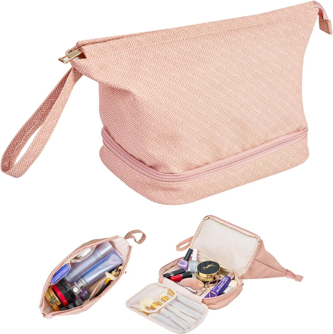 Oubonun Makeup Bags Double Layer Large Capacity Cosmetic Bag for Women Portable PU Leather Toiletry Roomy Make up Bags for Girls Large Travel Organizer Bag with Brush Compartment Pink