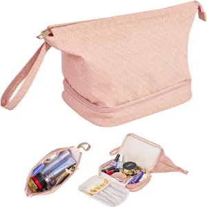 Oubonun Makeup Bags Double Layer Large Capacity Cosmetic Bag for Women Portable PU Leather Toiletry Roomy Make up Bags for Girls Large Travel Organizer Bag with Brush Compartment Pink