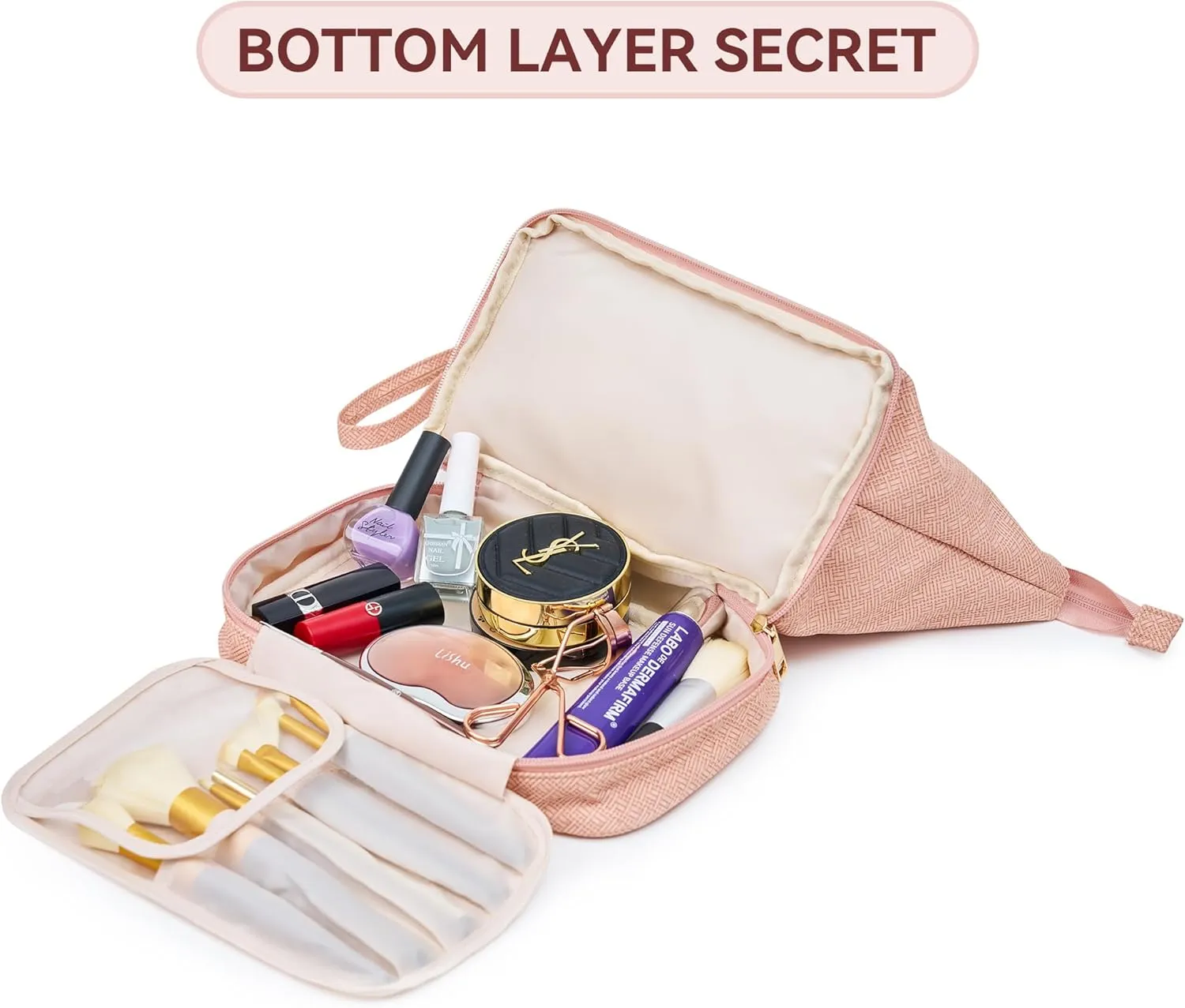 Oubonun Makeup Bags Double Layer Large Capacity Cosmetic Bag for Women Portable PU Leather Toiletry Roomy Make up Bags for Girls Large Travel Organizer Bag with Brush Compartment Pink