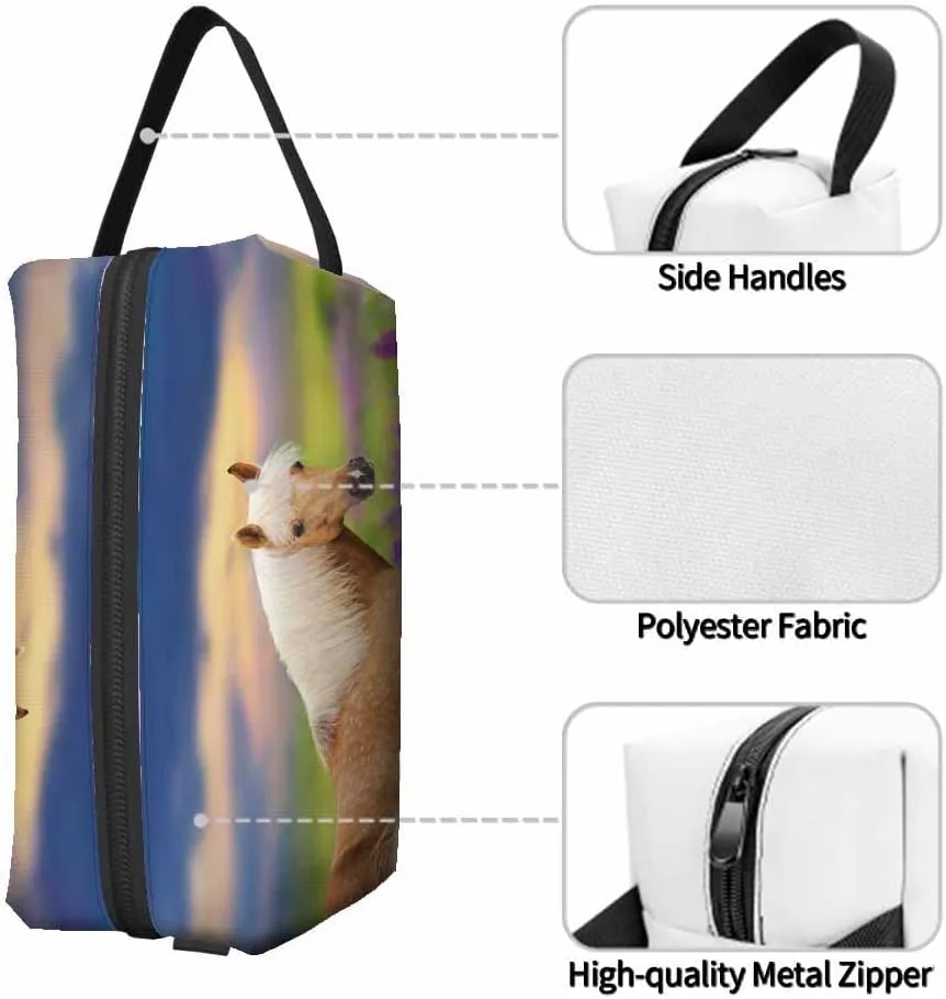Palomino Horse with Long Mane Small Makeup Bag for Purse Lupine Flowers at Sunset Travel Cosmetic Bag Makeup Pouch Portable Versatile Zipper Pouch for Women