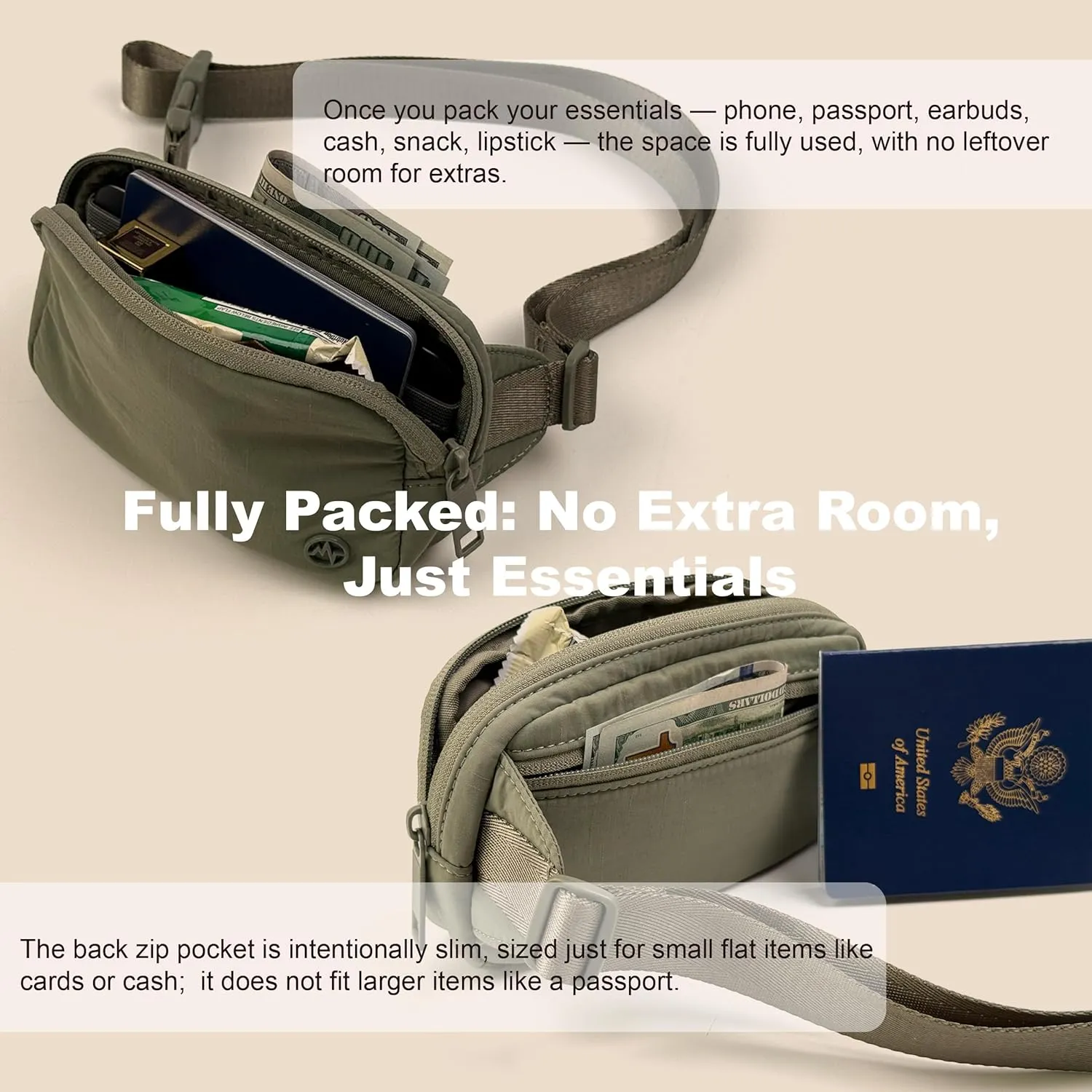 Pander Mini Belt Bag  Ultra Compact, Fits 6.7 Phone, Lipstick, Earbuds, Essentials, Small Crossbody Waist Purse, Grey Sage
