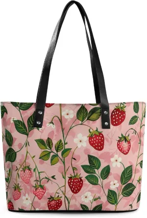 Peach Strawberry Print Leather Lady's Handbag Crossbody Purse for Women Ladies Soft Shoulder Bag Medium Roomy Handbag Fashion Tote Top Handle Satchel