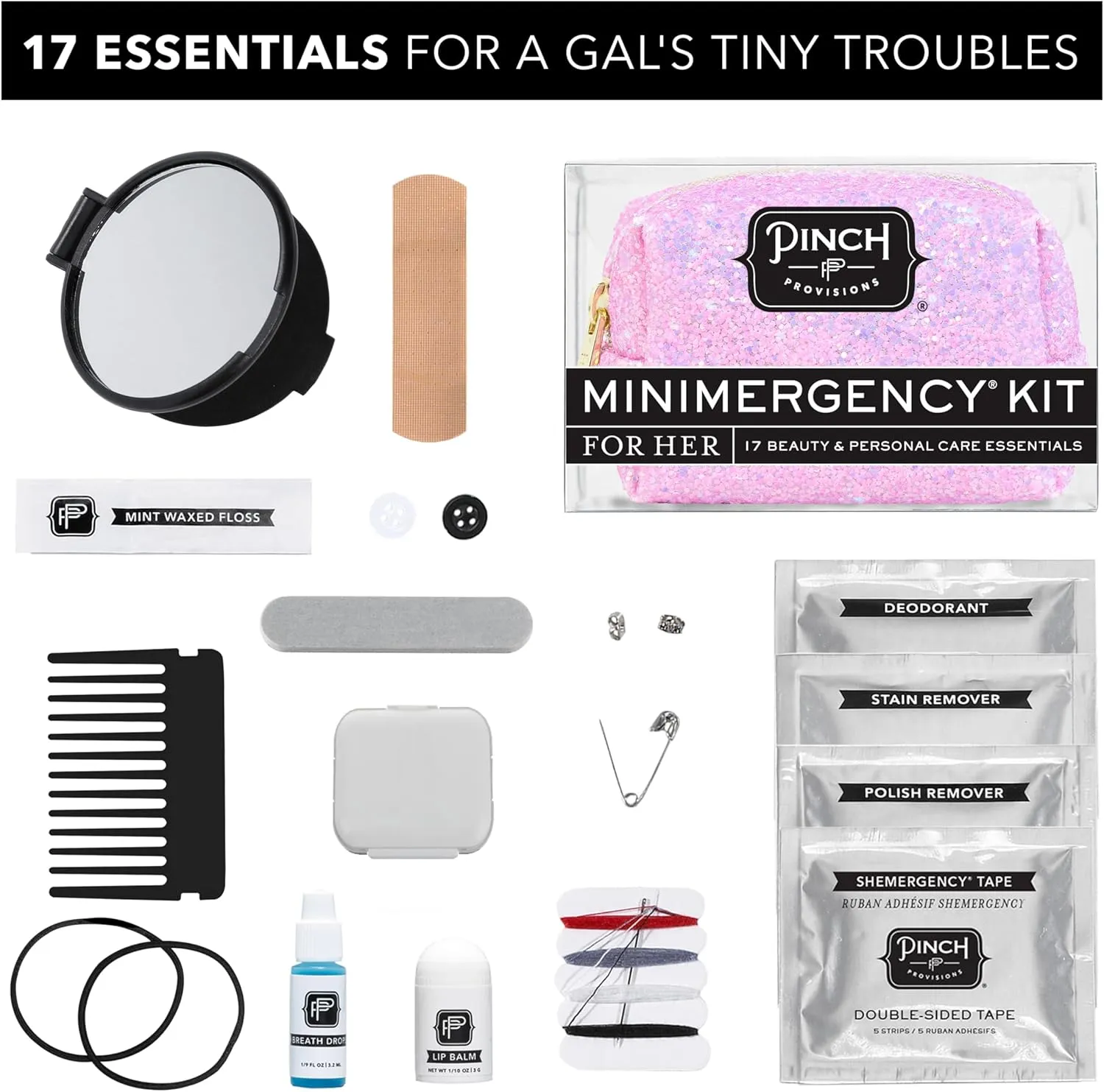 Pinch Provisions Orchid Glitter Minimergency Kit, Includes 17 Travel-Sized Cosmetic Essentials, Convenient for Purses, Emergency Beauty Accessories, Gifts for Holidays & Birthdays