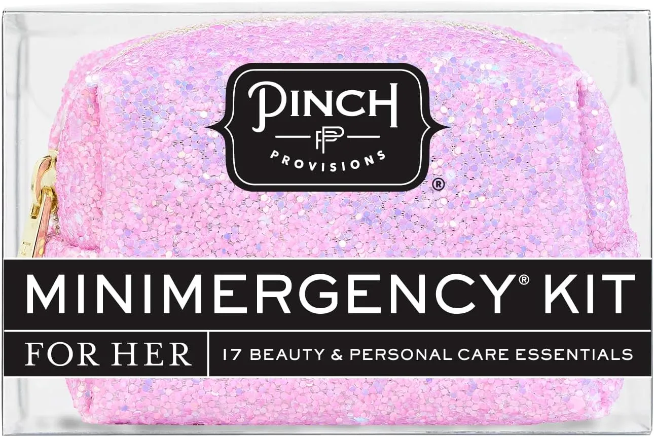 Pinch Provisions Orchid Glitter Minimergency Kit, Includes 17 Travel-Sized Cosmetic Essentials, Convenient for Purses, Emergency Beauty Accessories, Gifts for Holidays & Birthdays