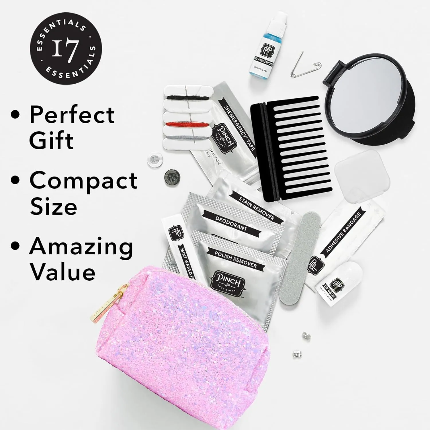 Pinch Provisions Orchid Glitter Minimergency Kit, Includes 17 Travel-Sized Cosmetic Essentials, Convenient for Purses, Emergency Beauty Accessories, Gifts for Holidays & Birthdays