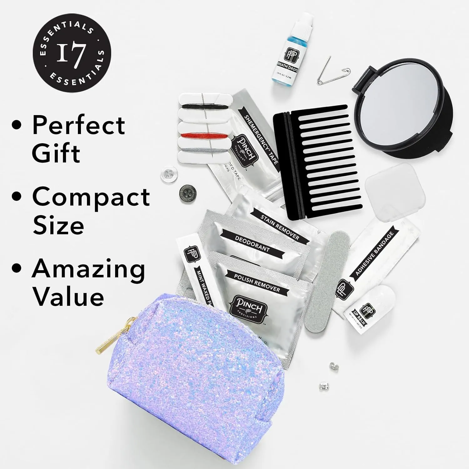 Pinch Provisions Purple Periwinkle Minimergency Kit, Includes 17 Travel-Sized Cosmetic Essentials, Convenient for Purses, Emergency Beauty Accessories, Gifts for Holidays & Birthdays